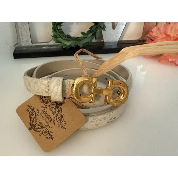Anna Pellissari Size L Gold Tone Buckle Beige Gray Animal Print Leather Belt NWT - Picture 6 of 16